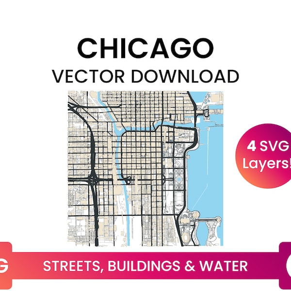 Street Network, Building Footprints & Waterbodies of Chicago, Illinois, USA | City Street Map Multi-Layer SVG File | Vector Download