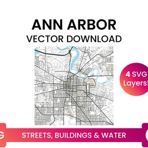 Stratennetwerk, Voetafdrukken van gebouwen & waterlichamen van Ann Arbor, Michigan | City Street Map Multi-Layer SVG-bestand | Vector downloaden