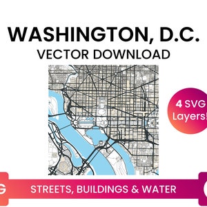 Street Network, Building Footprints & Waterbodies of Washington, D.C. | Carte de la ville Fichier SVG multicouche | Vector Télécharger