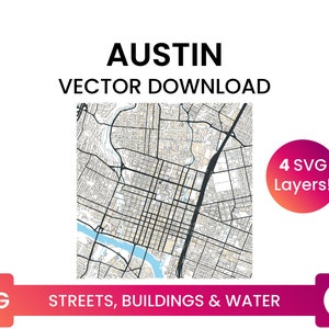 Stratennetwerk, Voetafdrukken van gebouwen & waterlichamen van Austin, Texas | City Street Map Multi-Layer SVG-bestand | Vector downloaden