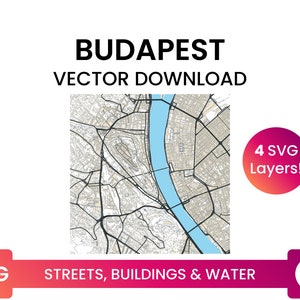 Stratennetwerk, Voetafdrukken van gebouwen & waterlichamen van Boedapest, Hongarije | City Street Map Multi-Layer SVG-bestand | Vector downloaden