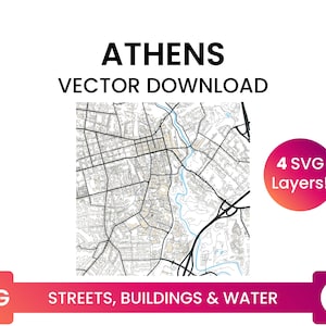 Stratennetwerk, Voetafdrukken van gebouwen & waterlichamen van Athene, Georgië | City Street Map Multi-Layer SVG-bestand | Vector downloaden