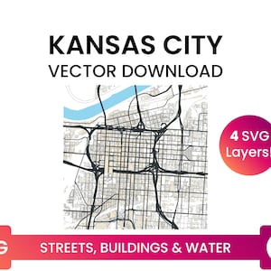 Stratennetwerk, Voetafdrukken van gebouwen & waterlichamen van Kansas City, Missouri | City Street Map Multi-Layer SVG-bestand | Vector downloaden