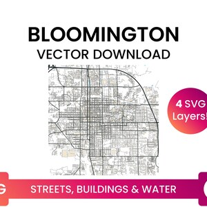 Street Network, Building Footprints &waterbodies of Bloomington, Indiana | City Street Map Multi-Layer SVG-bestand | Vector downloaden
