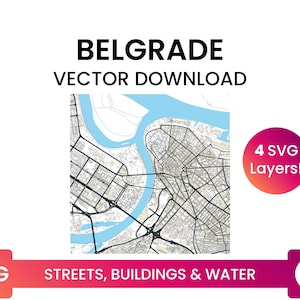 Rede de ruas, pegadas de edifícios e corpos d'água de Belgrado, Sérvia | Arquivo SVG multicamadas do mapa de ruas da cidade | Baixar vetor