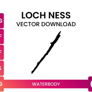 Könnte beinhalten: Schwarz-weiße Vektorillustration von Loch Ness, einem großen See in den schottischen Highlands. Das Bild ist mit "WATERBODY" beschriftet und bietet Download-Optionen für die Dateiformate SVG, DXF, PDF, EPS und PNG.
