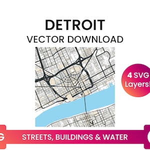 Stratennetwerk, Voetafdrukken bouwen & waterlichamen van Detroit, Michigan | City Street Map Multi-Layer SVG-bestand | Vector downloaden