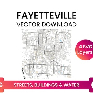Street Network, Building Footprints &waterbodies of Fayetteville, Arkansas | City Street Map Multi-Layer SVG-bestand | Vector downloaden