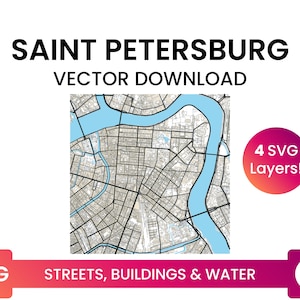 Street Network, Building Footprints &Waterbodies of Saint Petersburg, Rusland | City Street Map Multi-Layer SVG-bestand | Vector downloaden