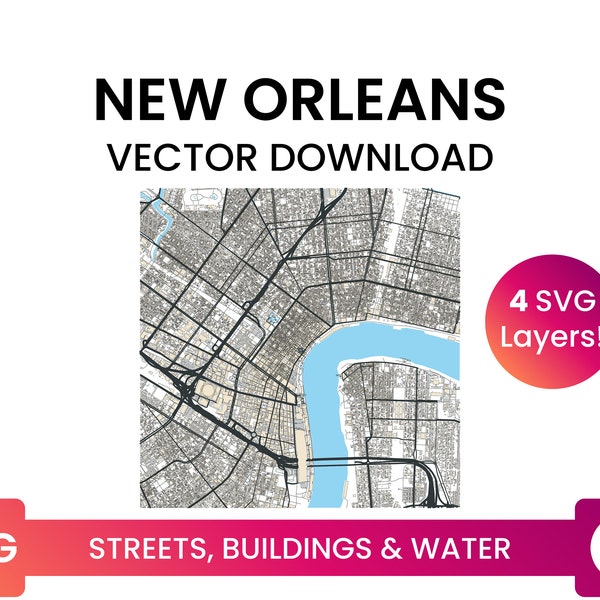 Street Network, Building Footprints & Waterbodies of New Orleans, Louisiana | City Street Map Multi-Layer SVG File | Vector Download