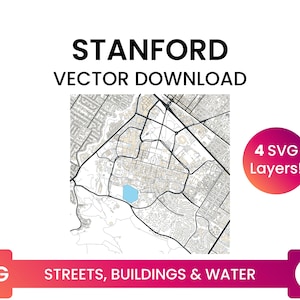 Street Network, Building Footprints &Waterbodies of Stanford, Californië | City Street Map Multi-Layer SVG-bestand | Vector downloaden