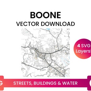 Stratennetwerk, Voetafdrukken bouwen & waterbodies van Boone, North Carolina | City Street Map Multi-Layer SVG-bestand | Vector downloaden