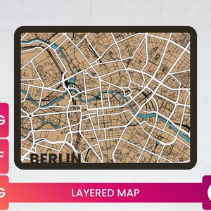 Carte 3D en couches de Berlin, Allemagne | Carte de la ville Fichier SVG multicouche | Glowforge Ready 11x14 en | Vector Télécharger