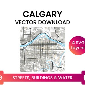 Stratennetwerk, Voetafdrukken van gebouwen & waterlichamen van Calgary, Alberta | City Street Map Multi-Layer SVG-bestand | Vector downloaden