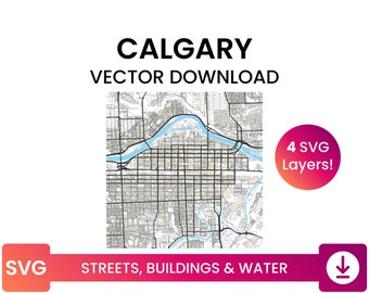 Street Network, Building Footprints & Waterbodies of Calgary, Alberta | City Street Map Multi-Layer SVG File | Vector Download