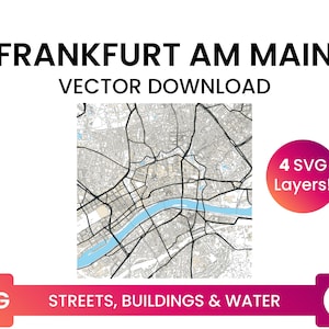Red de calles, huellas de edificios y cuerpos de agua de Fráncfort del Meno, Alemania / City Street Map Archivo SVG multicapa / Descarga vectorial