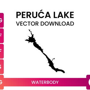 May include: Black and white vector illustration of Peruća Lake, a waterbody. The image includes the text "PERUĆA LAKE" and "VECTOR DOWNLOAD".