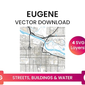 Stratennetwerk, Voetafdrukken van gebouwen & waterlichamen van Eugene, Oregon | City Street Map Multi-Layer SVG-bestand | Vector downloaden