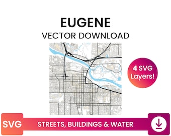 Street Network, Building Footprints & Waterbodies of Eugene, Oregon | City Street Map Multi-Layer SVG File | Vector Download