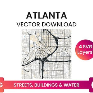 Stratennetwerk, Voetafdrukken van gebouwen & waterlichamen van Atlanta, Georgia | City Street Map Multi-Layer SVG-bestand | Vector downloaden