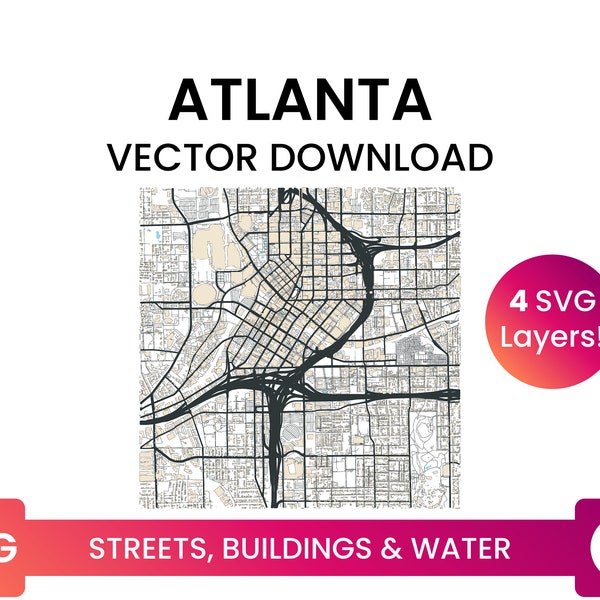 Street Network, Building Footprints & Waterbodies of Atlanta, Georgia | City Street Map Multi-Layer SVG File | Vector Download