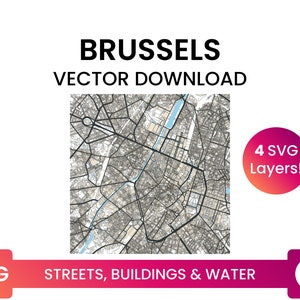 Stratennetwerk, Voetafdrukken van gebouwen &waterbodies van Brussel, België | City Street Map Multi-Layer SVG-bestand | Vector downloaden