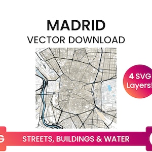 Straßennetz, Gebäudegrundrisse & Gewässer von Madrid, Spanien | Stadtplan Multi-Layer SVG Datei | Vektor Download