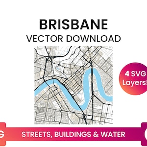 Stratennetwerk, Voetafdrukken van gebouwen & waterlichamen van Brisbane, Australië | City Street Map Multi-Layer SVG-bestand | Vector downloaden