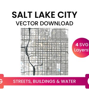 Stratennetwerk, Voetafdrukken van gebouwen &slopen van Salt Lake City, Utah | City Street Map Multi-Layer SVG-bestand | Vector downloaden