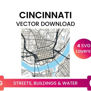 Stratennetwerk, Voetafdrukken van gebouwen & waterlichamen van Cincinnati, Ohio | City Street Map Multi-Layer SVG-bestand | Vector downloaden
