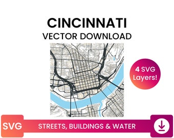 Street Network, Building Footprints & Waterbodies of Cincinnati, Ohio | City Street Map Multi-Layer SVG File | Vector Download