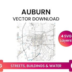 Straßennetz, Gebäudegrundrisse & Gewässer von Auburn, Alabama, USA | Stadtplan Multi-Layer SVG Datei | Vektor Download
