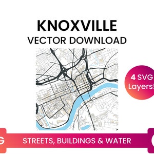 Stratennetwerk, Voetafdrukken van gebouwen & waterlichamen van Knoxville, Tennessee | City Street Map Multi-Layer SVG-bestand | Vector downloaden