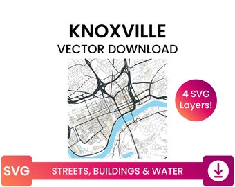 Street Network, Building Footprints & Waterbodies of Knoxville, Tennessee | City Street Map Multi-Layer SVG File | Vector Download