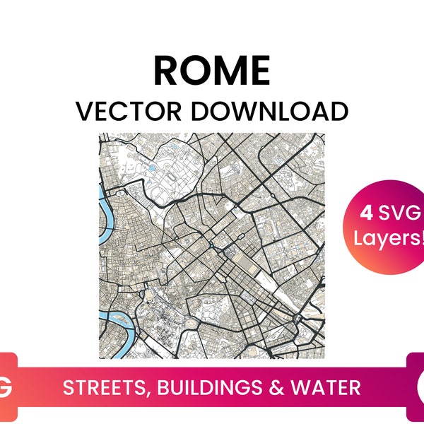 Street Network, Building Footprints & Waterbodies of Rome, Italy | City Street Map Multi-Layer SVG File | Vector Download