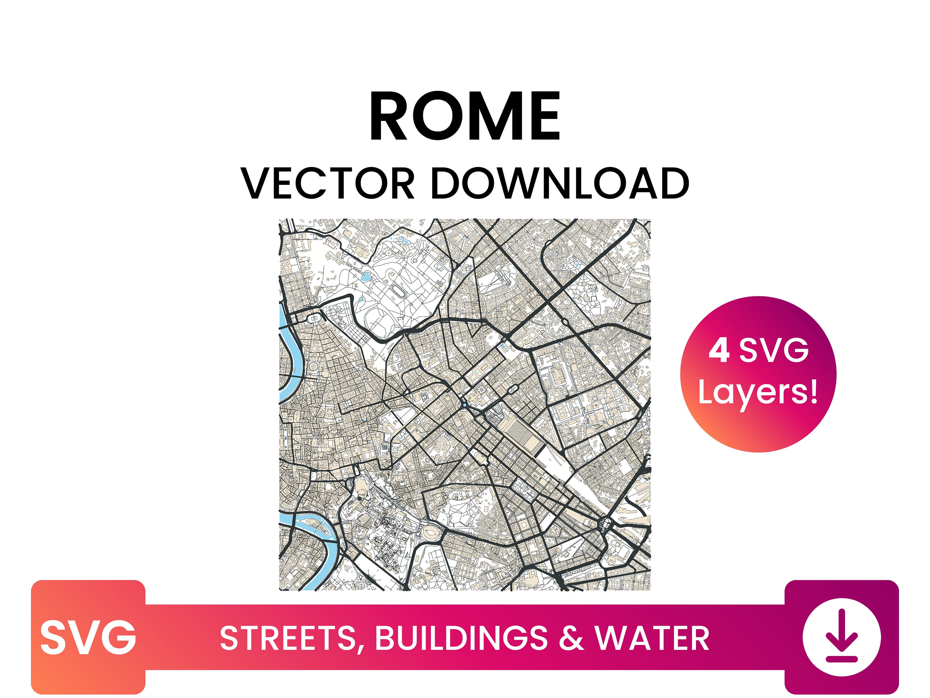イタリア、ローマの街路網、建物跡、水域 | 市街地地図 マルチレイヤー SVG ファイル | ベクターダウンロード