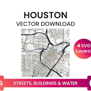Stratennetwerk, Voetafdrukken bouwen & waterlichamen van Houston, Texas | City Street Map Multi-Layer SVG-bestand | Vector downloaden