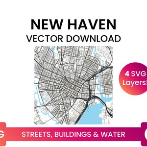 Stratennetwerk, Voetafdrukken van gebouwen & waterlichamen van New Haven, Connecticut | City Street Map Multi-Layer SVG-bestand | Vector downloaden