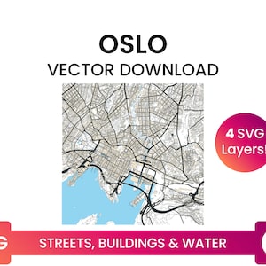 Stratennetwerk, Voetafdrukken van gebouwen & waterlichamen van Oslo, Noorwegen | City Street Map Multi-Layer SVG-bestand | Vector downloaden