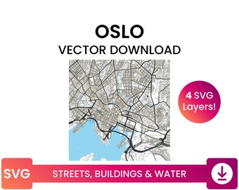 Stratennetwerk, bouwvoetafdrukken en waterlichamen van Oslo, Noorwegen | Stadsstratenkaart meerlaags SVG-bestand | Vectordownload