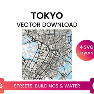 Stratennetwerk, Voetafdrukken van gebouwen & waterlichamen van Tokio, Japan | City Street Map Multi-Layer SVG-bestand | Vector downloaden