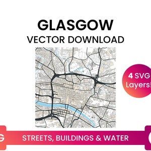 Red de calles, huellas de edificios y cuerpos de agua de Glasgow, Escocia, Reino Unido / City Street Map Archivo SVG multicapa / Descarga vectorial
