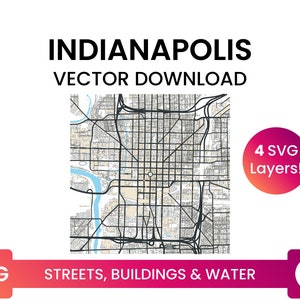 Stratennetwerk, Voetafdrukken bouwen & waterlichamen van Indianapolis, Indiana | City Street Map Multi-Layer SVG-bestand | Vector downloaden