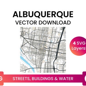 Stratennetwerk, Voetafdrukken van gebouwen & waterlichamen van Albuquerque, New Mexico | City Street Map Multi-Layer SVG-bestand | Vector downloaden