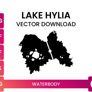 May include: Black and white vector illustration of Lake Hylia, a waterbody from the Legend of Zelda video game series. The image includes the text "LAKE HYLIA" and "VECTOR DOWNLOAD".