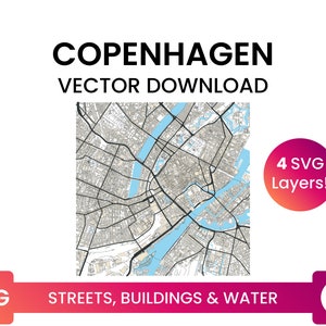 Stratennetwerk, Voetafdrukken van gebouwen & waterlichamen van Kopenhagen, Denemarken | City Street Map Multi-Layer SVG-bestand | Vector downloaden