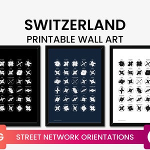 Könnte beinhalten: Drei gerahmte Drucke mit Orientierungen von Schweizer Straßennetzen. Jeder Druck zeigt ein Raster aus weißen kreisförmigen Diagrammen auf schwarzem, marineblauem und weißem Hintergrund. Der Text "SWITZERLAND PRINTABLE WALL ART" steht oben.