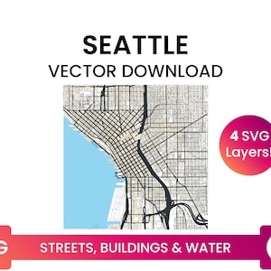 Straßennetz, Gebäudegrundrisse & Gewässer von Seattle, Washington, USA | Stadtplan Multi-Layer SVG Datei | Vektor Download