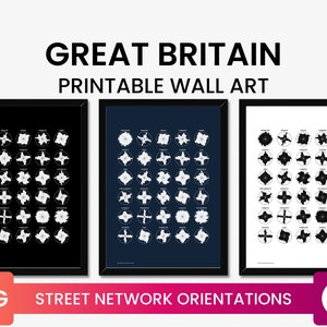 Orientaciones de la red de calles de las zonas urbanas de Gran Bretaña / Cartel de orientación de la red de calles de la ciudad / Arte mural imprimible