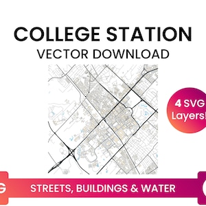 Stratennetwerk, Voetafdrukken van gebouwen & waterlichamen van College Station, Texas | City Street Map Multi-Layer SVG-bestand | Vector downloaden